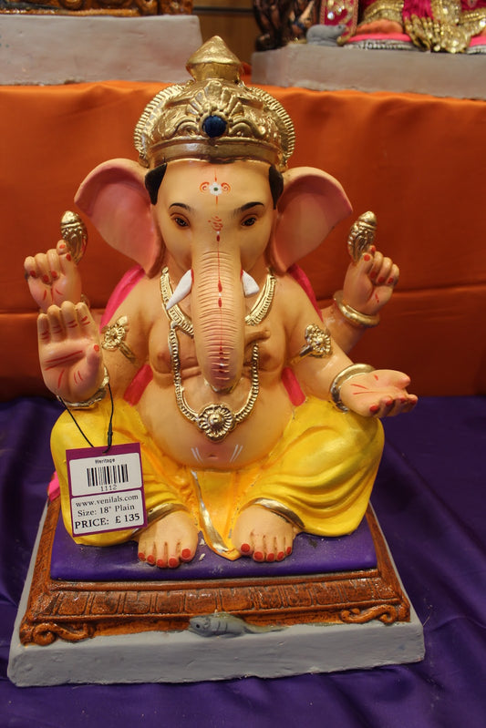 Eco-Friendly Ganesh Visarjan idol, Yellow & Pink Blue Gem Crown, front view