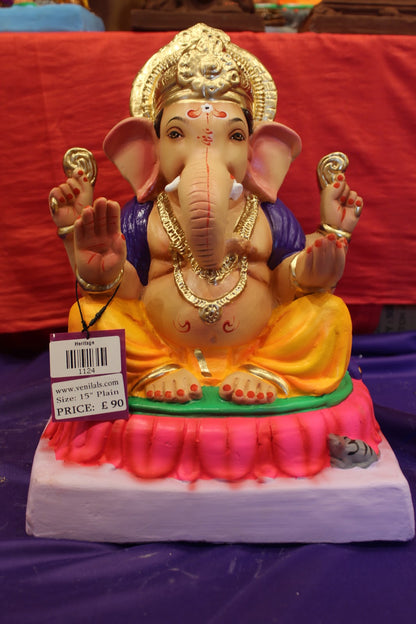 Eco-Friendly Ganesh Visarjan idol, Purple Khes & Gold Dhoti, front view 2