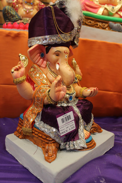Eco-Friendly Ganesh Visarjan idol, Full Safa Set Purple & Silver, close-up