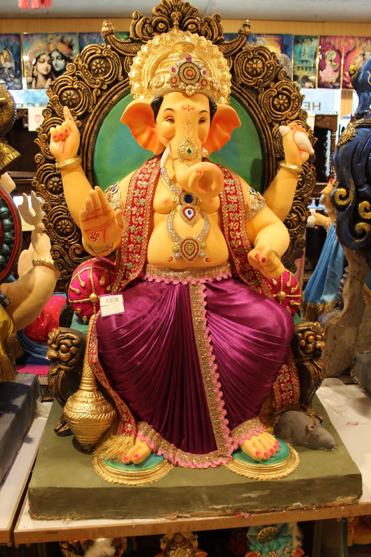 POP Ganesh Visarjan Idol – Magenta Silk Dhoti with Lion-Head Throne, ~4ft