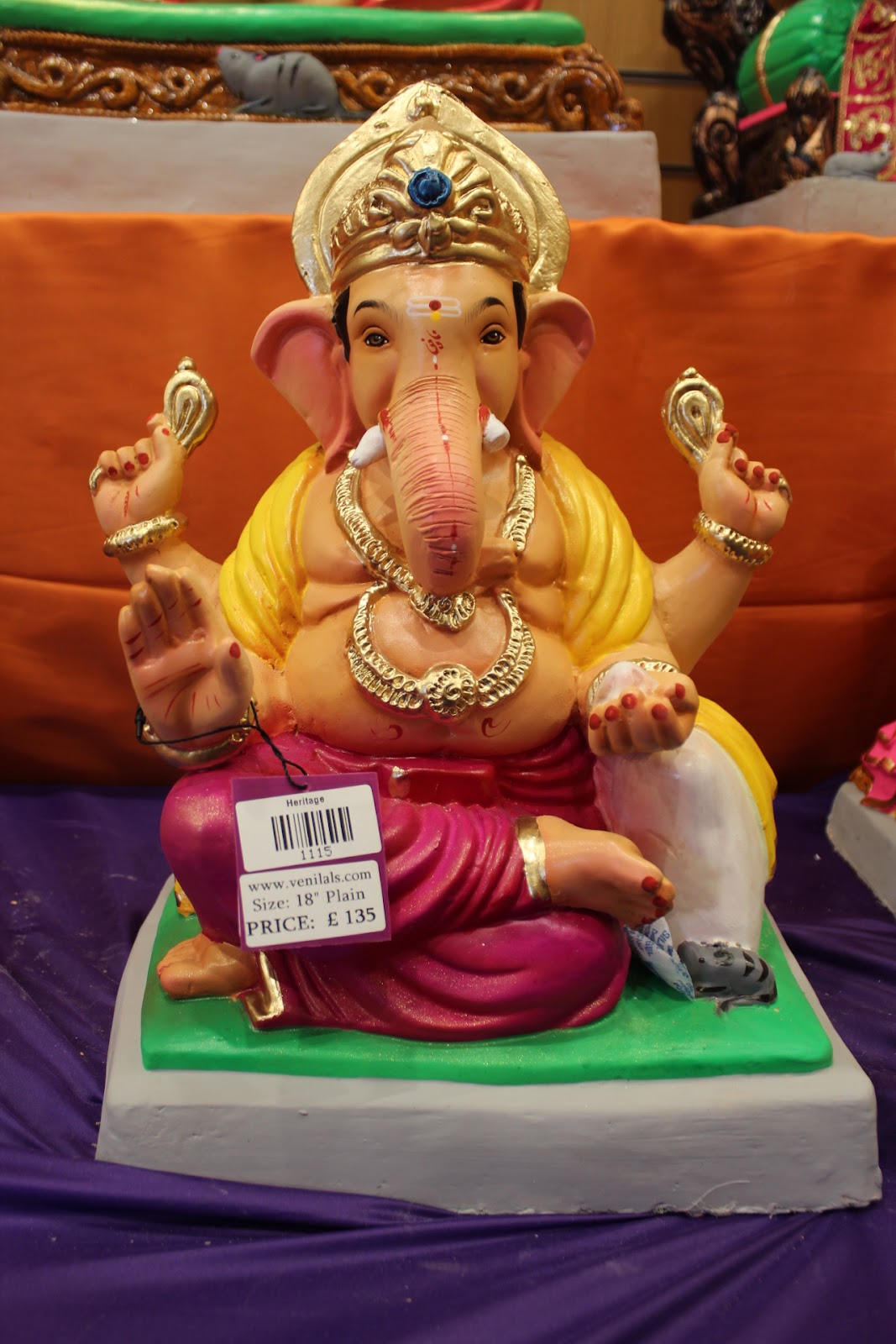 Eco-Friendly Ganesh Visarjan idol, Magenta & Gold, front view 2