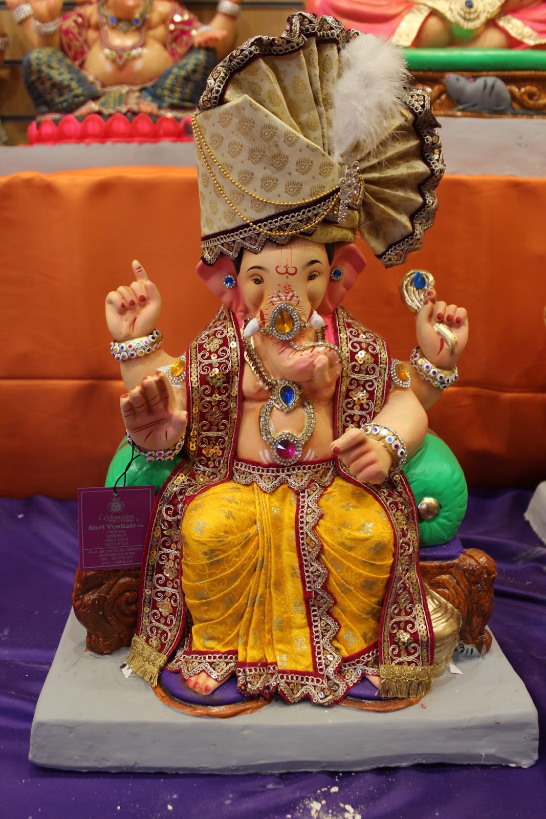 Eco-Friendly Ganesh Visarjan idol, Full Safa Set Cream & Maroon, front view 2