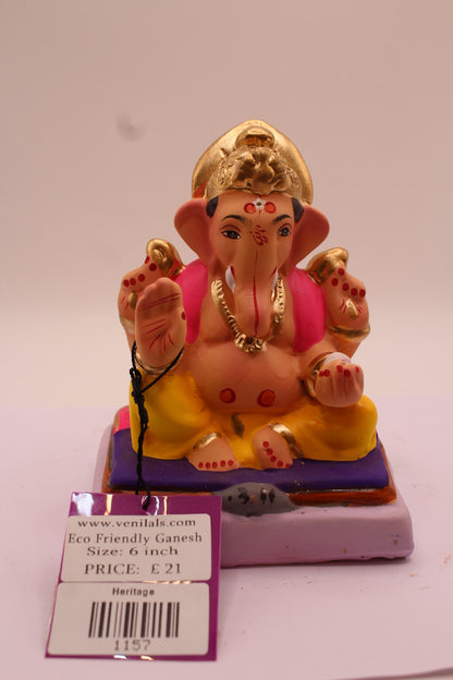 Eco-Friendly Ganesh Visarjan Idol – Pink Shawl & Yellow Dhoti, ~6 inch