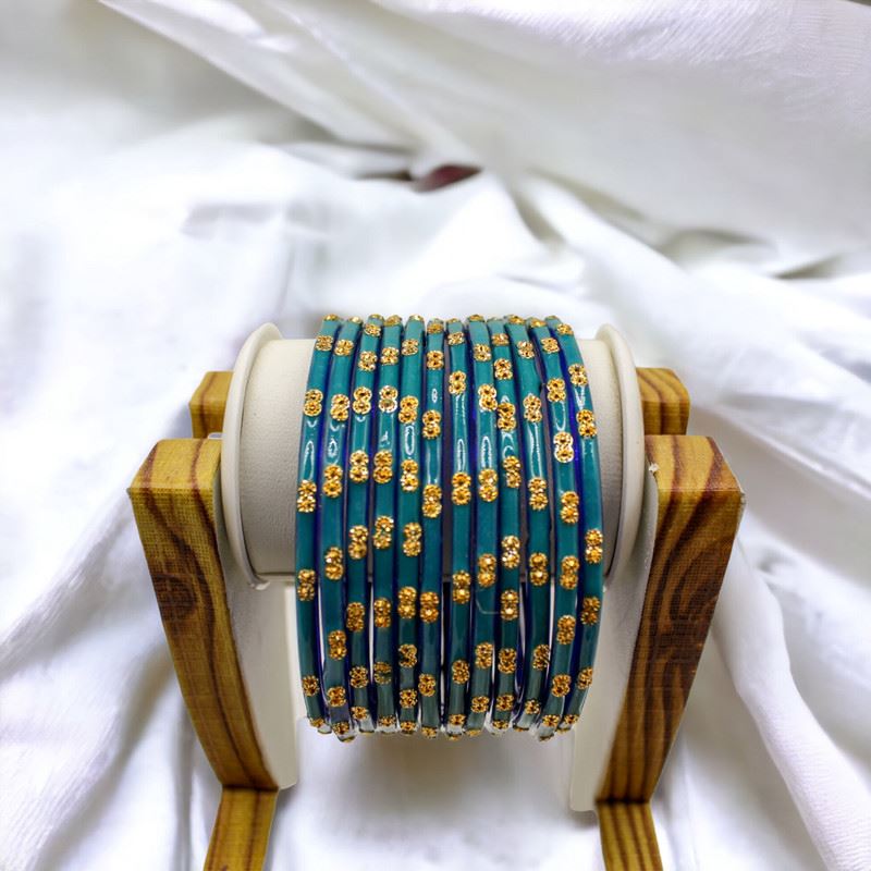 Dot pattern glass bangles set of 12 - Traffic Blue