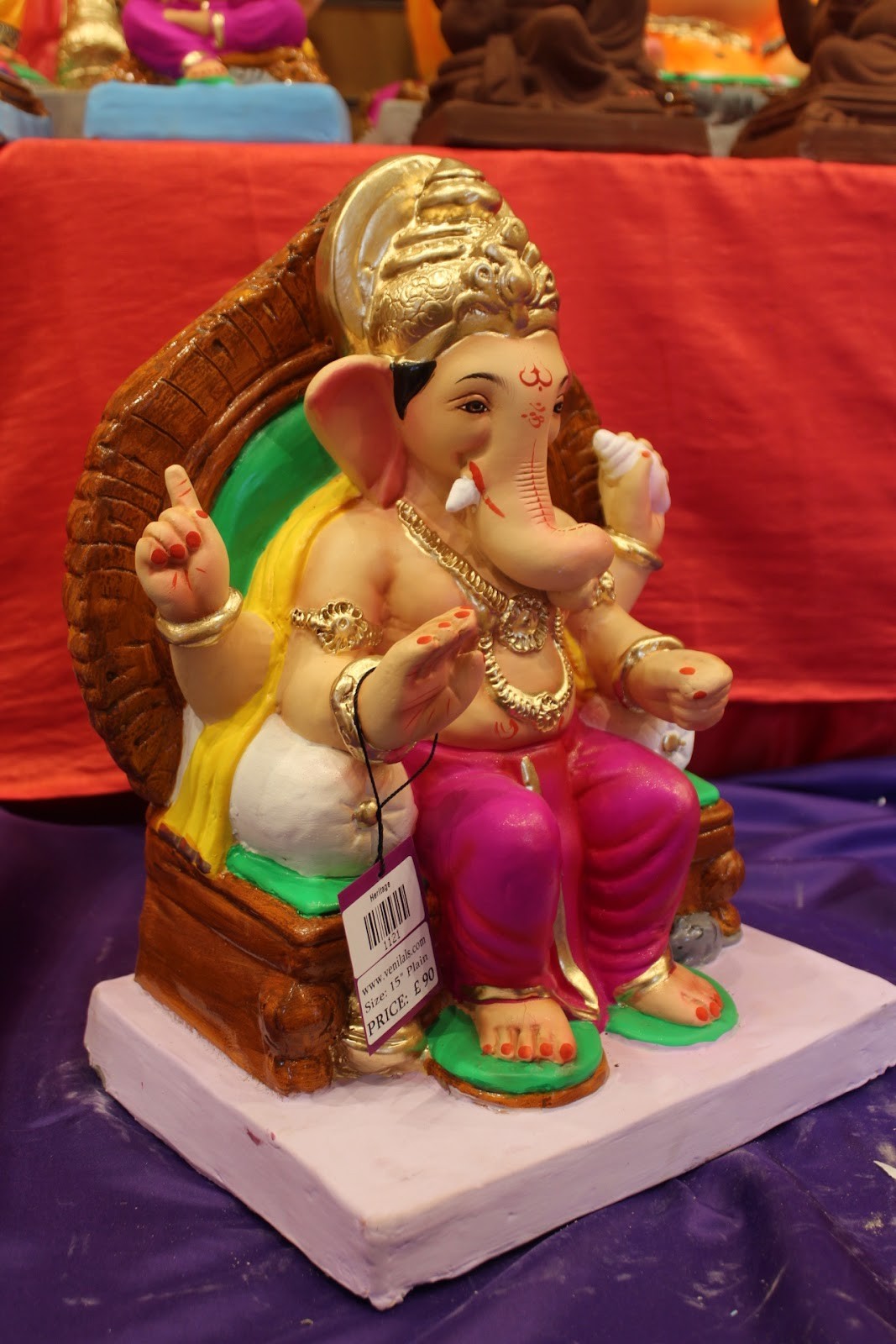 Eco-Friendly Ganesh Idol – Gold & Magenta, Wooden Throne, ~15 inch, Clay