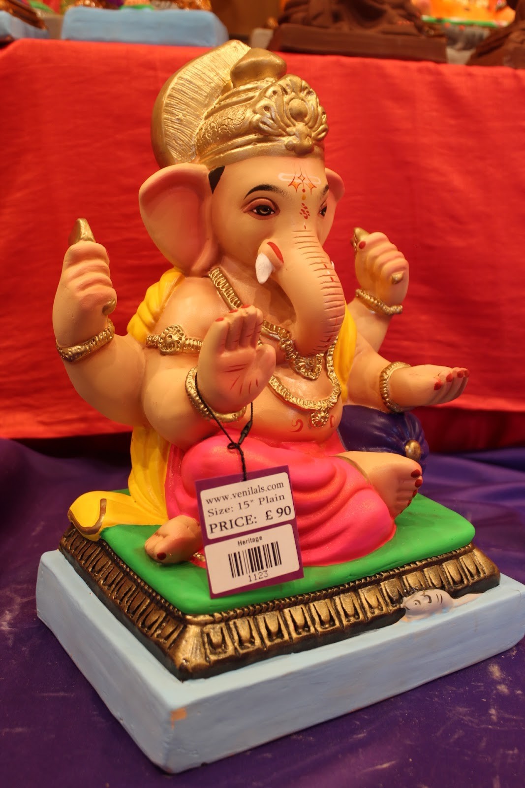 Eco-Friendly Ganesh Idol – Yellow Khes & Pink Dhoti, ~15 inch, Clay