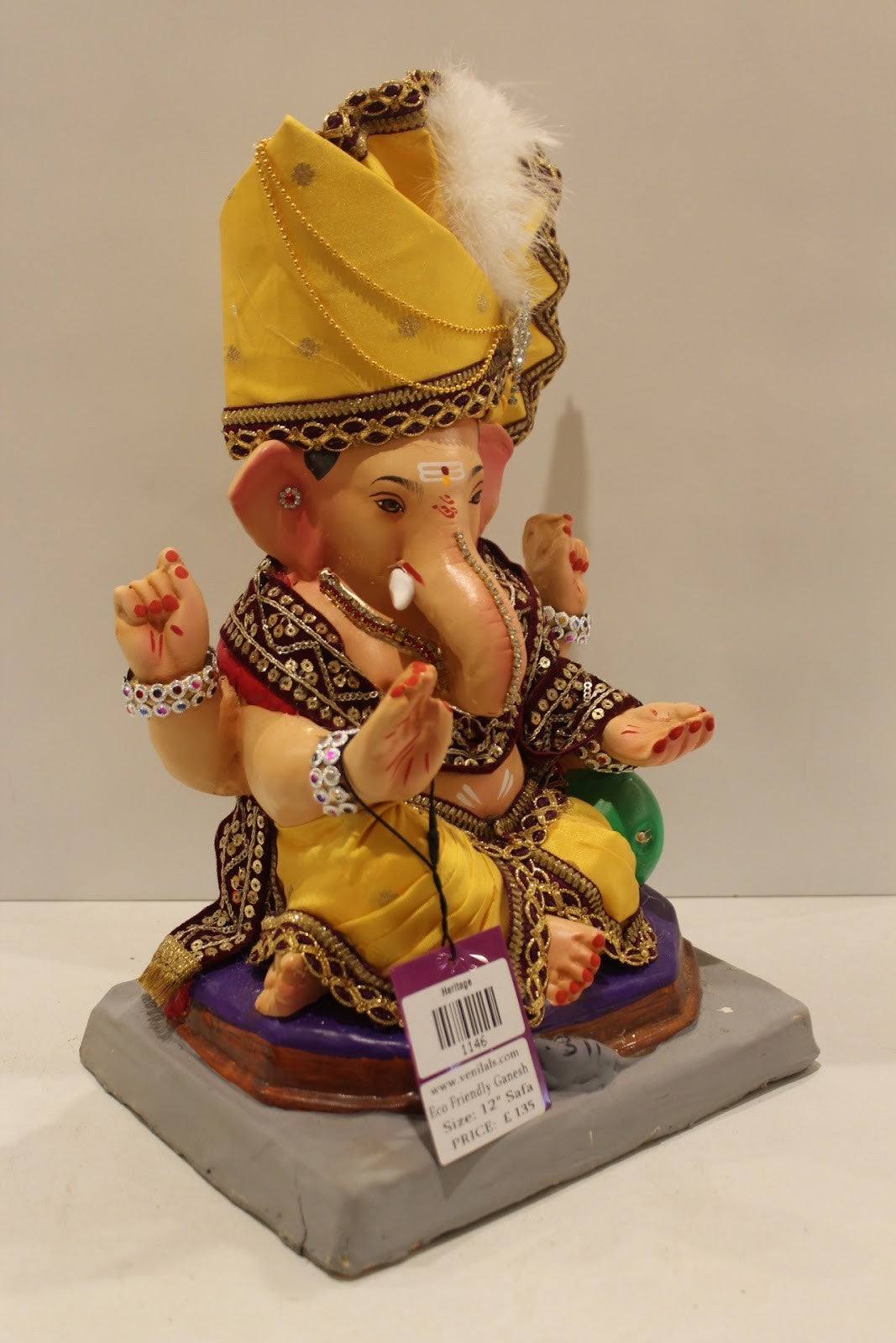 Eco-Friendly Ganesh Idol – Full Safa Set, Yellow Pheta & Maroon Robe, ~12 inch