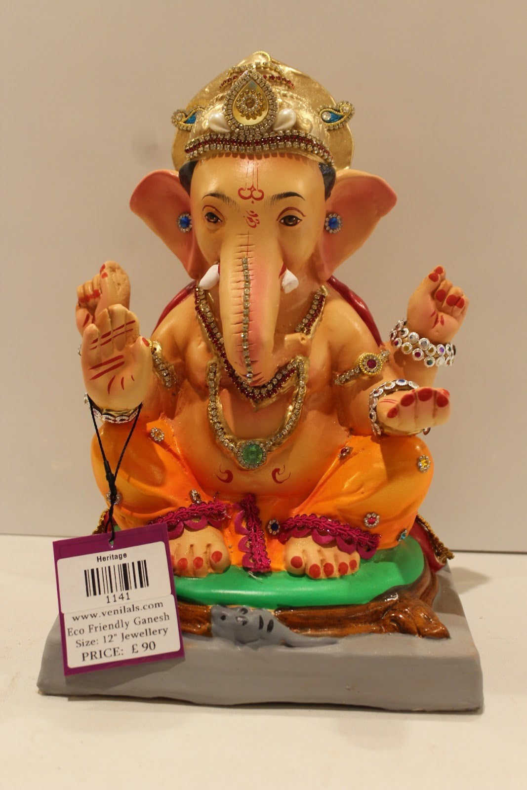 Eco-Friendly Ganesh Idol – Jewellery Style, Blue Gem Crown, ~12 inch, Clay