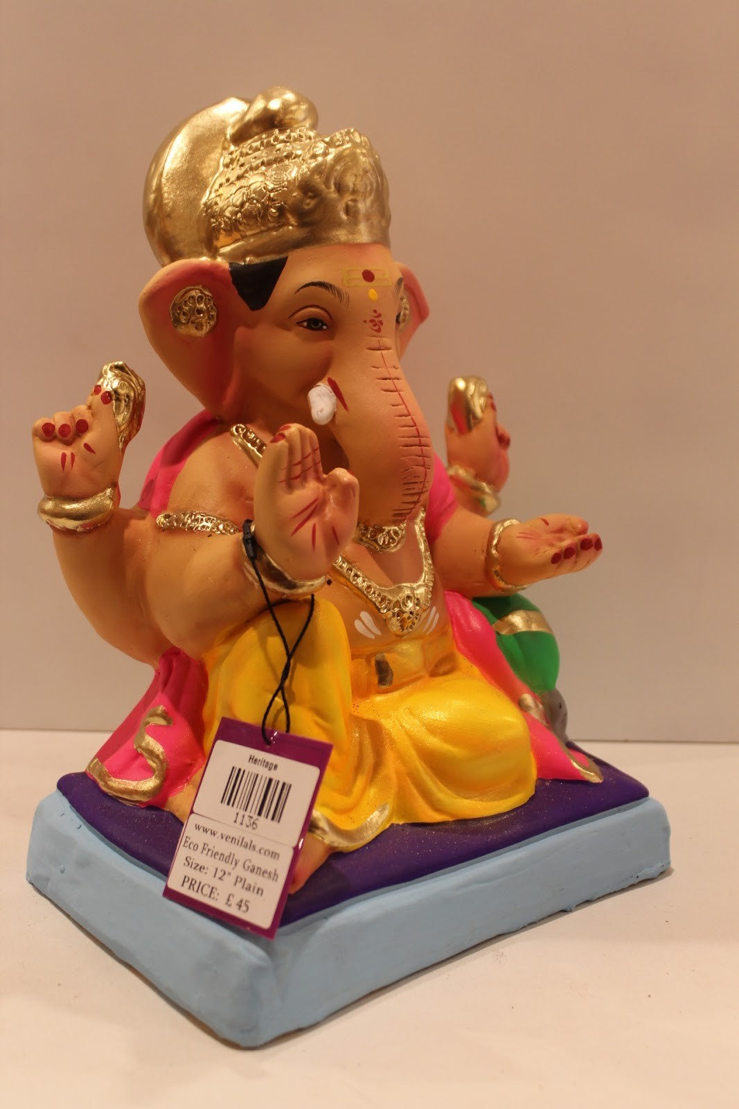 Eco-Friendly Ganesh Visarjan Idol – Pink Khes & Yellow Dhoti, ~12 inch, Clay