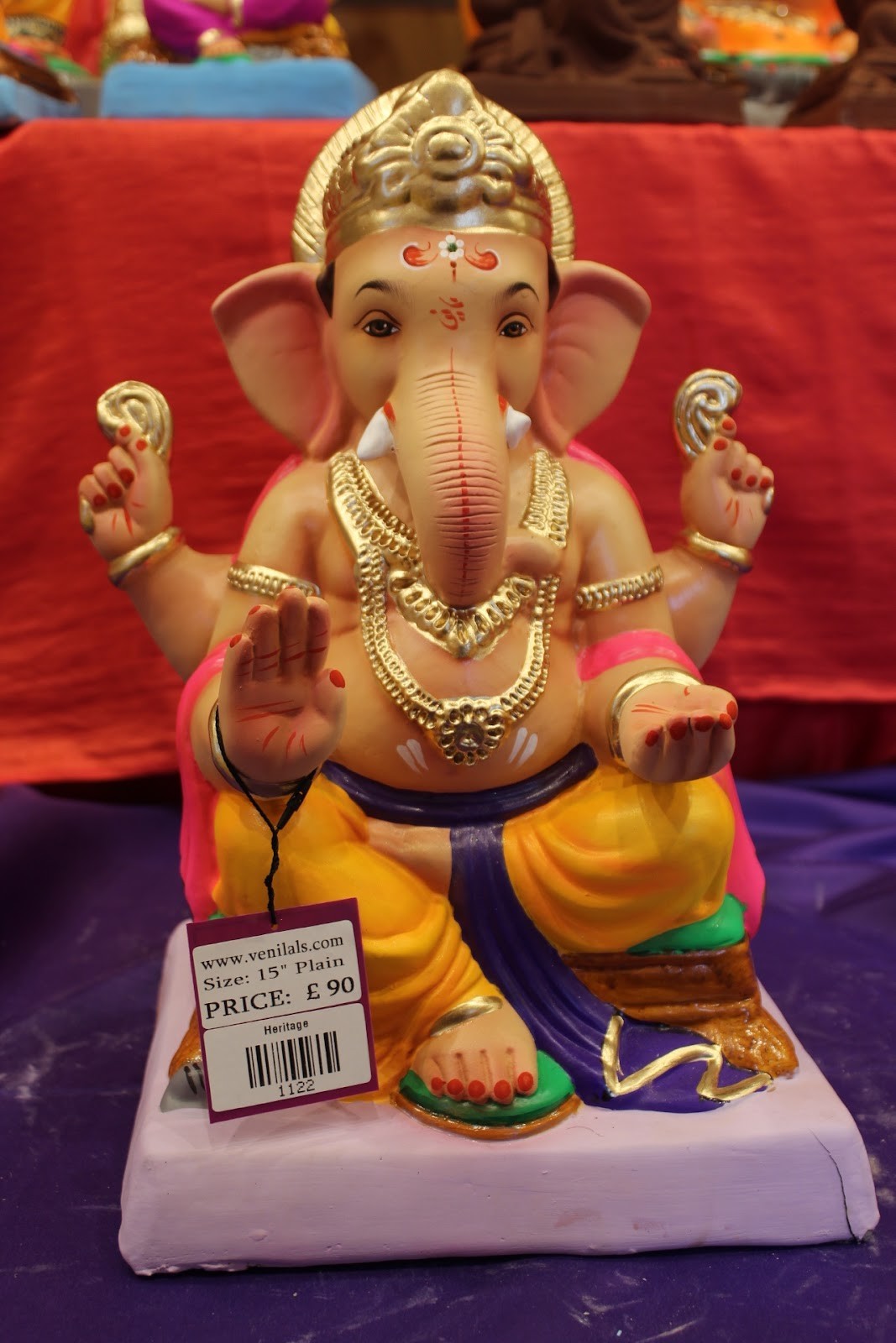 Eco-Friendly Ganesh Idol – Pink & Gold, Purple Sash, ~15 inch, Clay