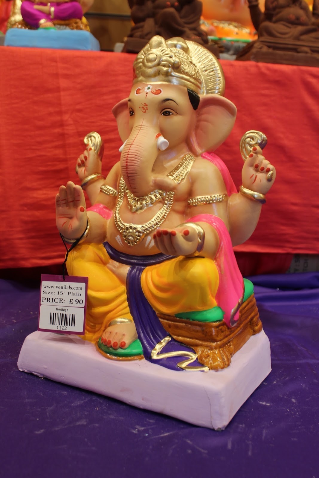 Eco-Friendly Ganesh Idol – Pink & Gold, Purple Sash, ~15 inch, Clay