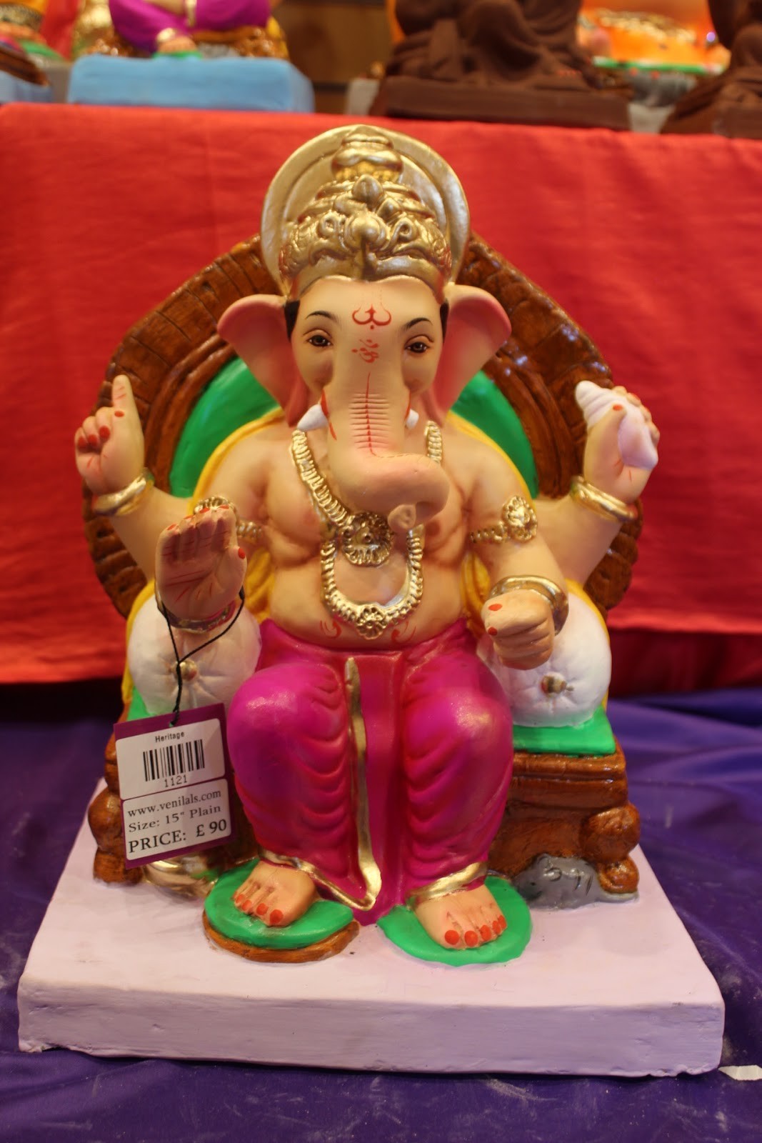 Eco-Friendly Ganesh Idol – Gold & Magenta, Wooden Throne, ~15 inch, Clay