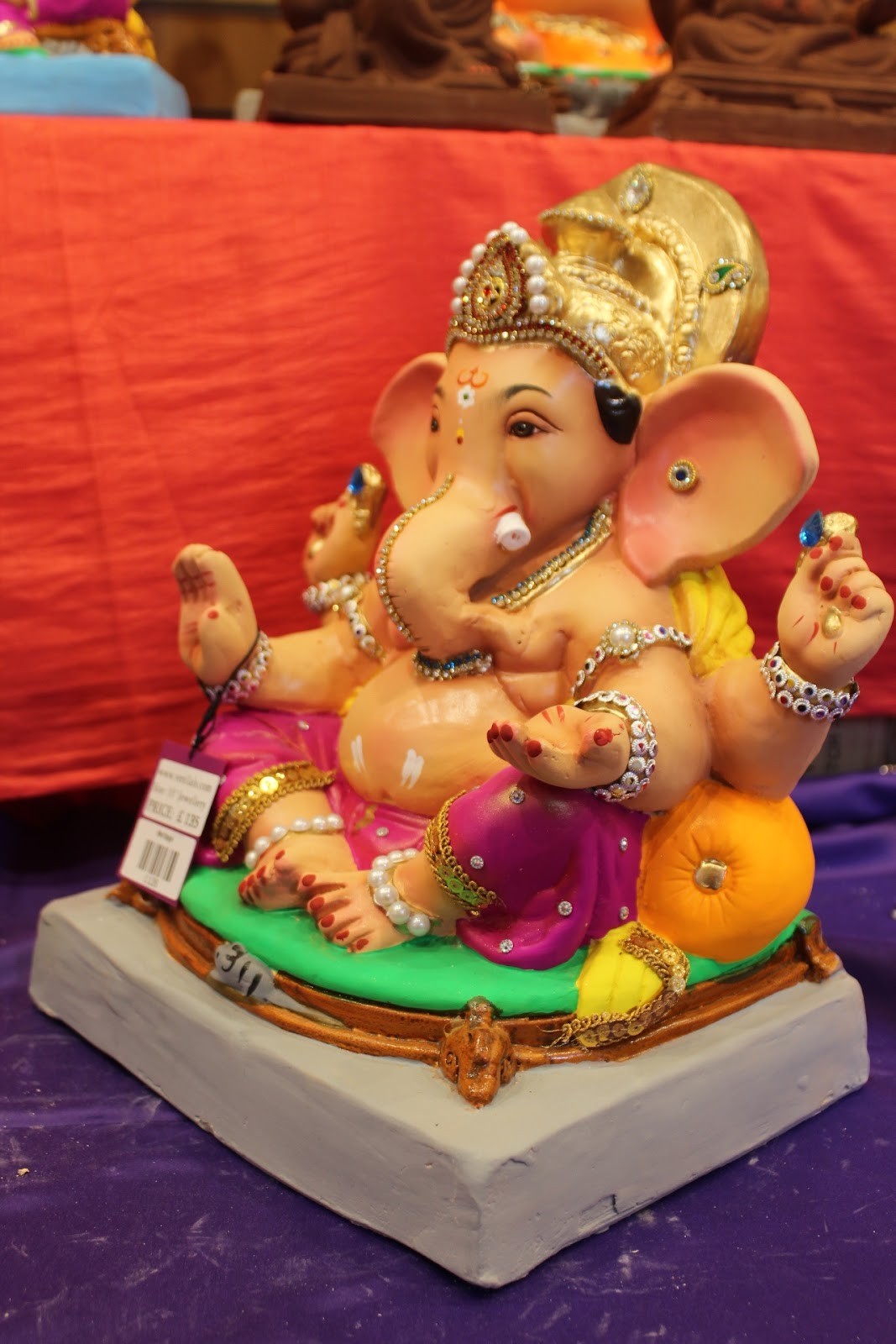 Eco-Friendly Ganesh Idol – Jewellery Style, Magenta & Gold, ~15 inch, Clay