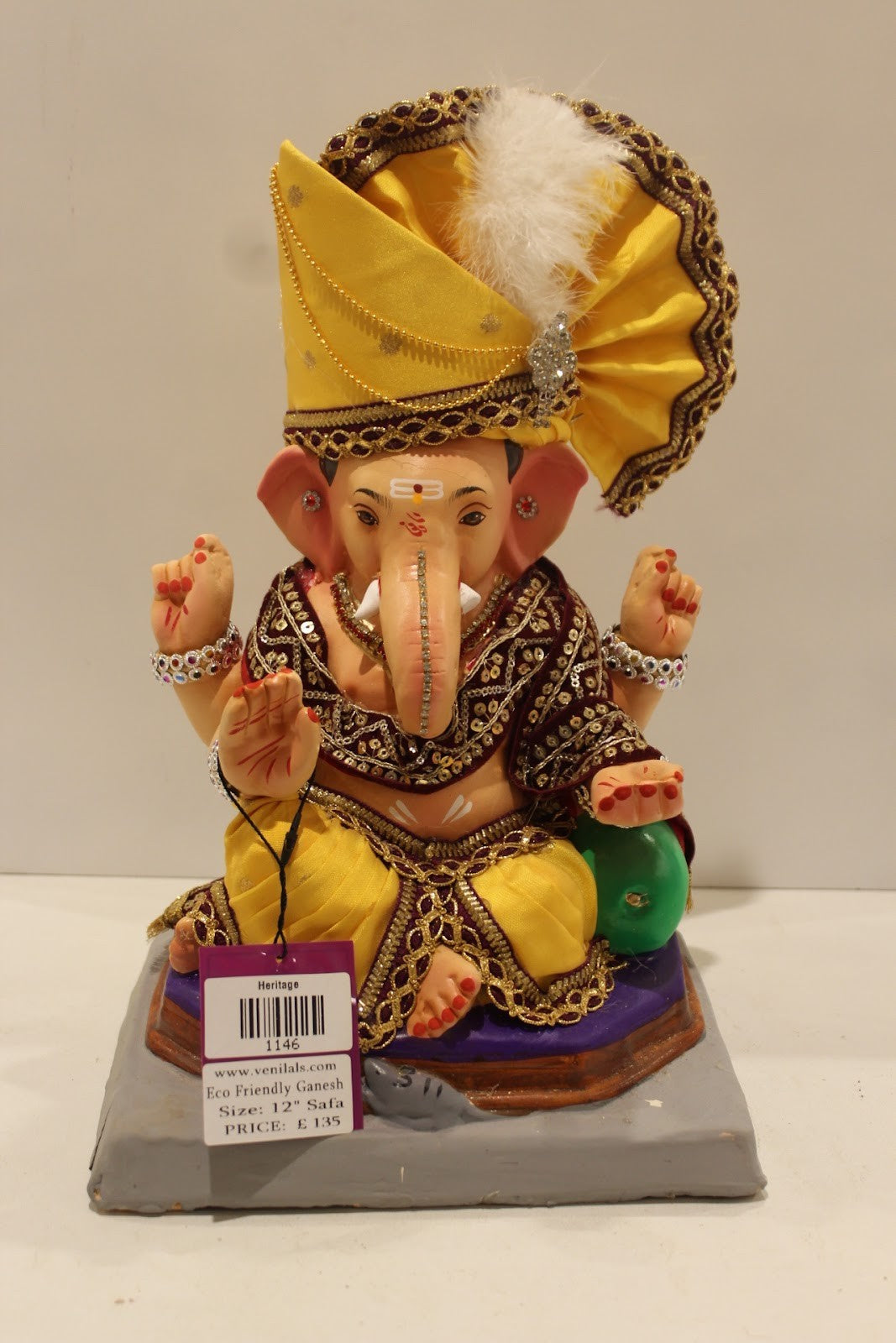 Eco-Friendly Ganesh Idol – Full Safa Set, Yellow Pheta & Maroon Robe, ~12 inch