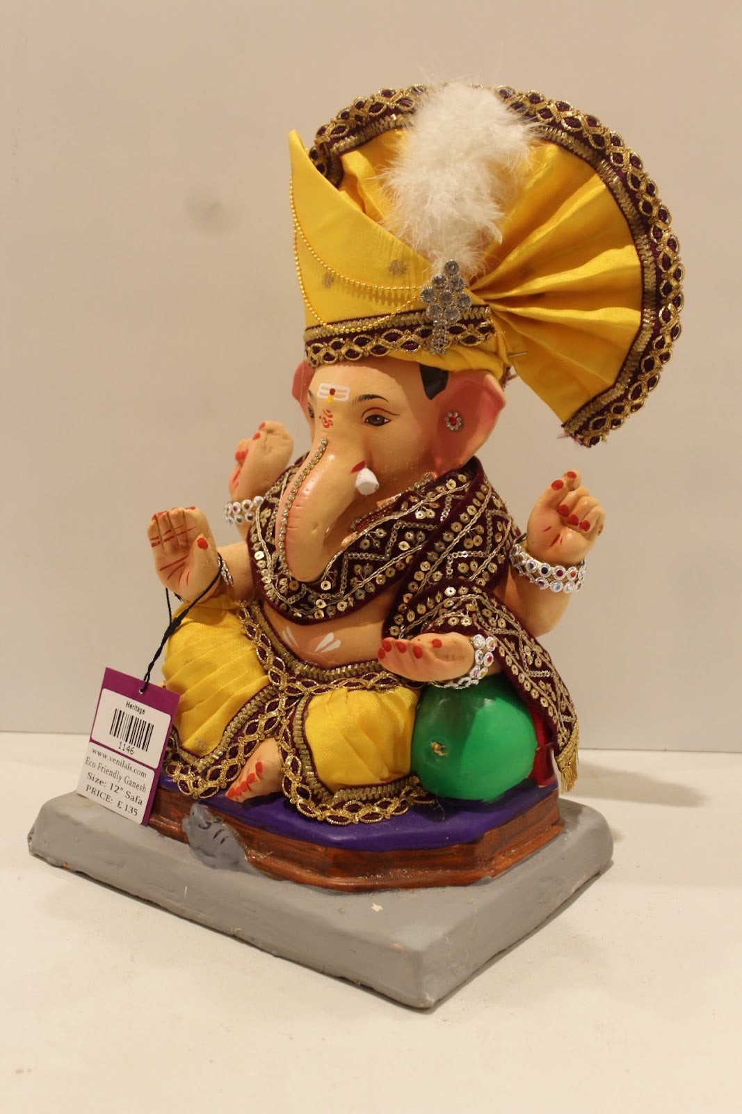Eco-Friendly Ganesh Idol – Full Safa Set, Yellow Pheta & Maroon Robe, ~12 inch