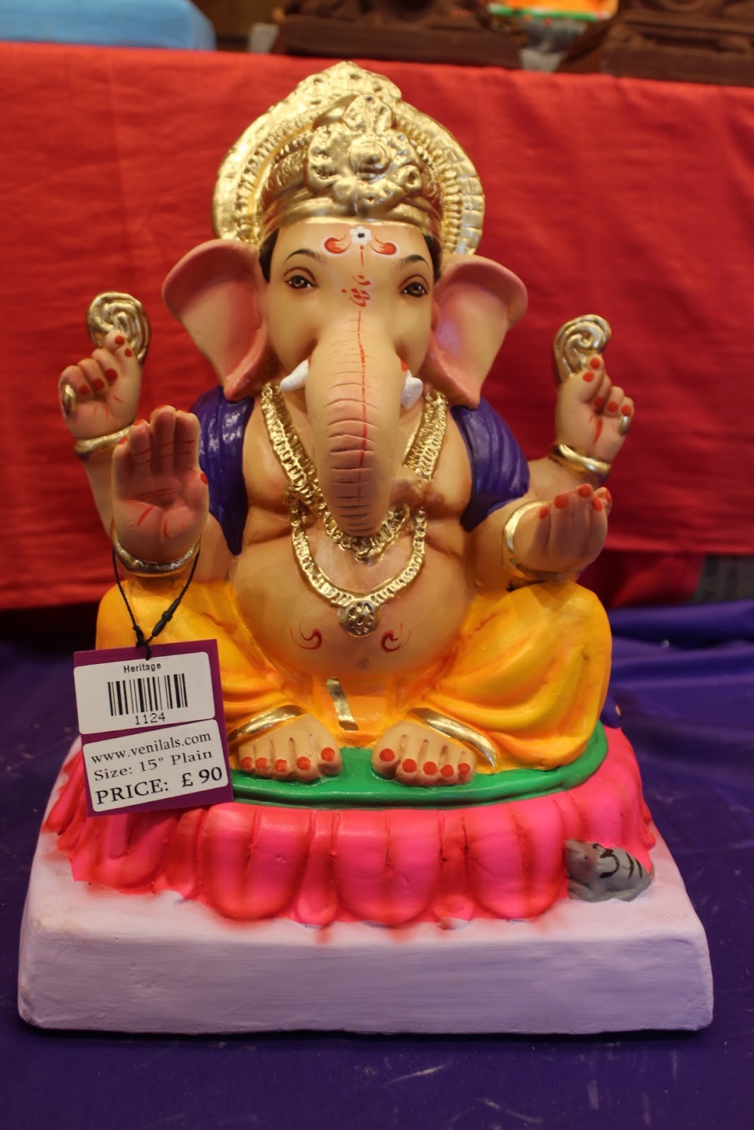 Eco-Friendly Ganesh Idol – Purple & Gold, Lotus Base, ~15 inch, Clay