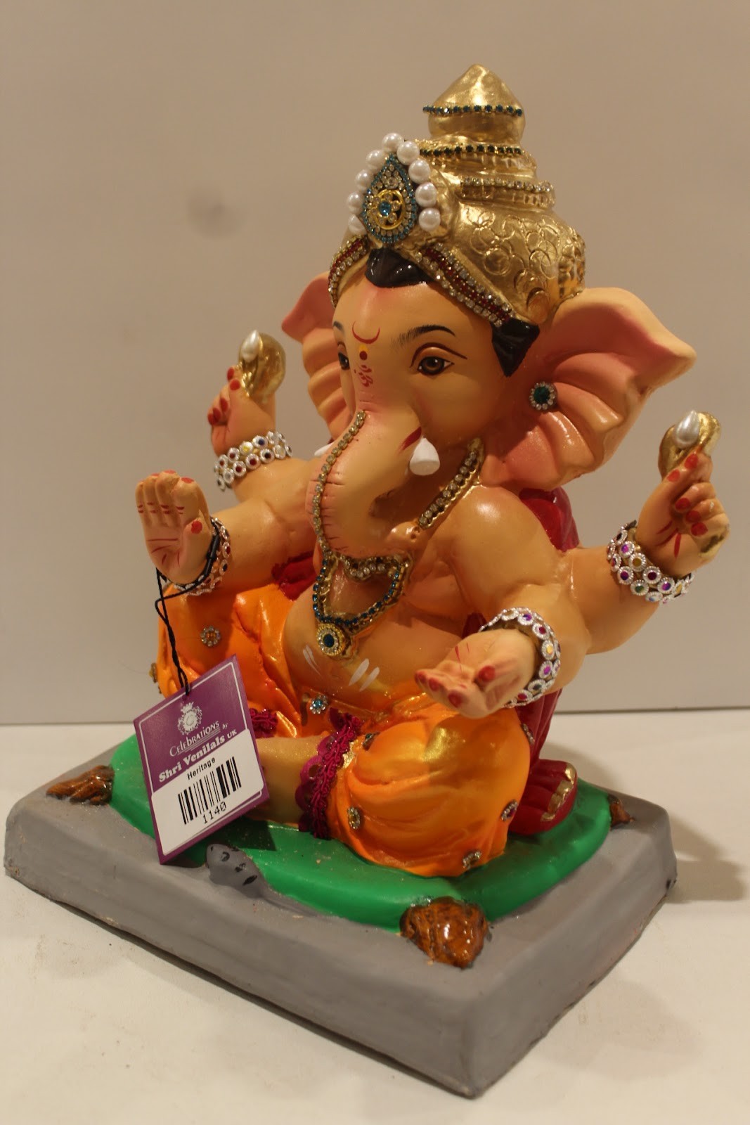 Eco-Friendly Ganesh Idol – Jewellery Style, Pearl & Teal Crown, ~12 inch, Clay