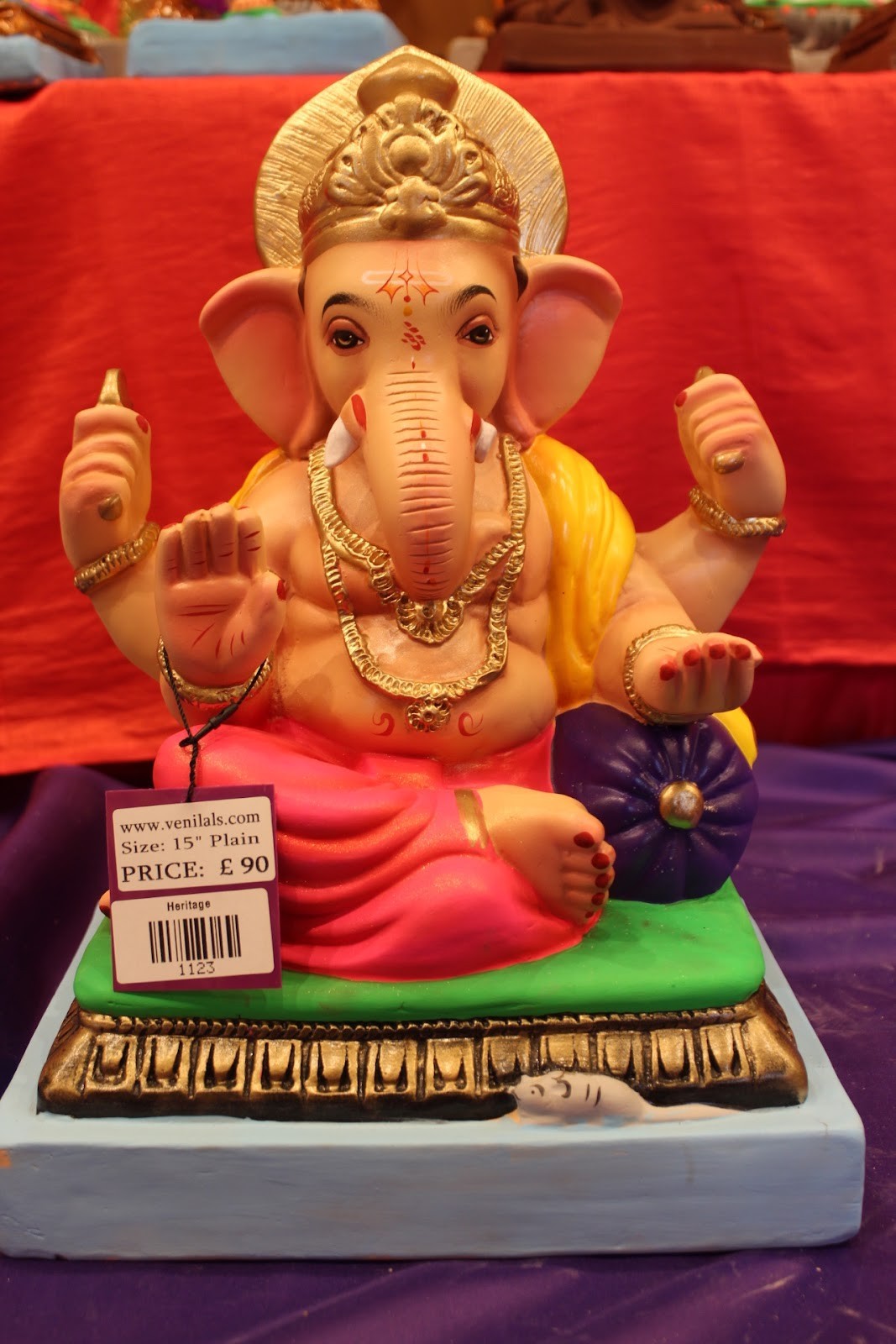 Eco-Friendly Ganesh Idol – Yellow Khes & Pink Dhoti, ~15 inch, Clay