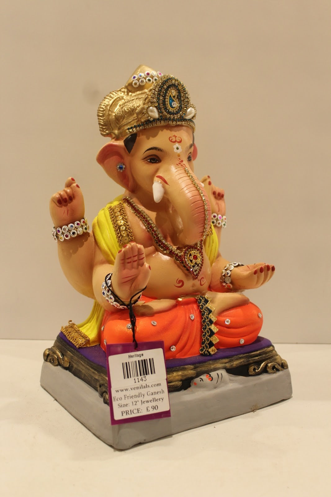 Eco-Friendly Ganesh Idol – Jewellery Style, Yellow Khes & Orange Dhoti, ~12 inch
