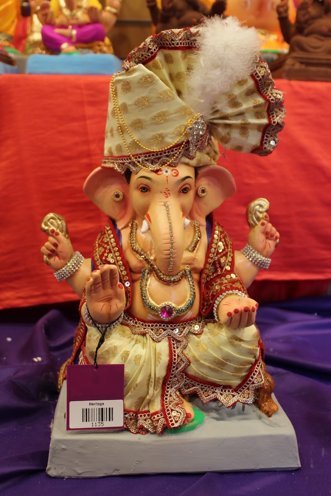 Eco-Friendly Ganesh Idol – Full Safa Set, Ivory & Red, ~15 inch, Clay