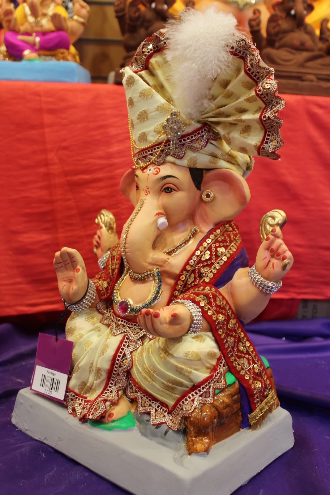 Eco-Friendly Ganesh Idol – Full Safa Set, Ivory & Red, ~15 inch, Clay