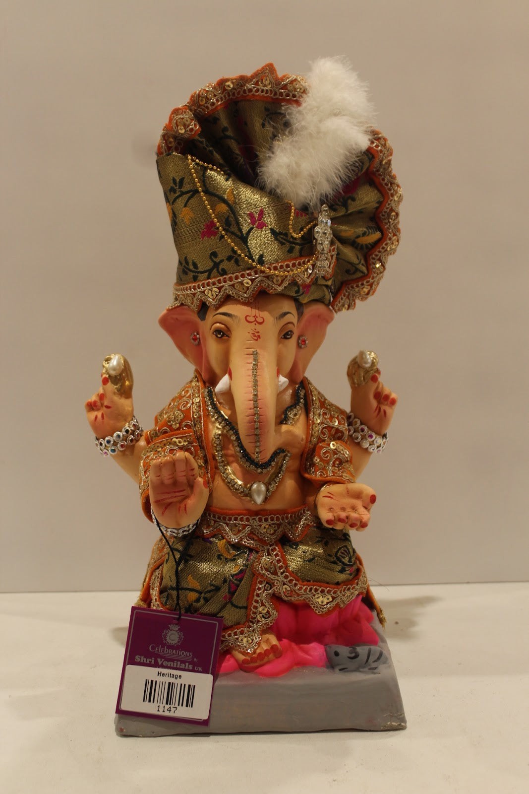 Eco-Friendly Ganesh Idol – Full Safa Set, Green Brocade & Pink, ~12 inch, Clay