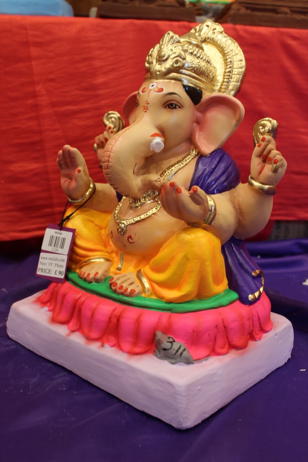 Eco-Friendly Ganesh Idol – Purple & Gold, Lotus Base, ~15 inch, Clay