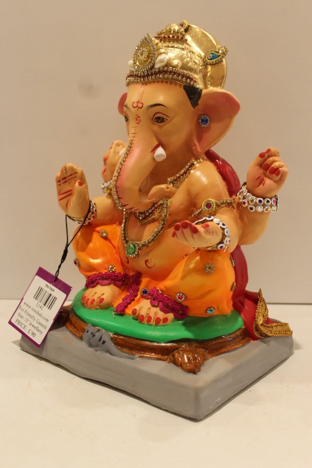 Eco-Friendly Ganesh Idol – Jewellery Style, Blue Gem Crown, ~12 inch, Clay