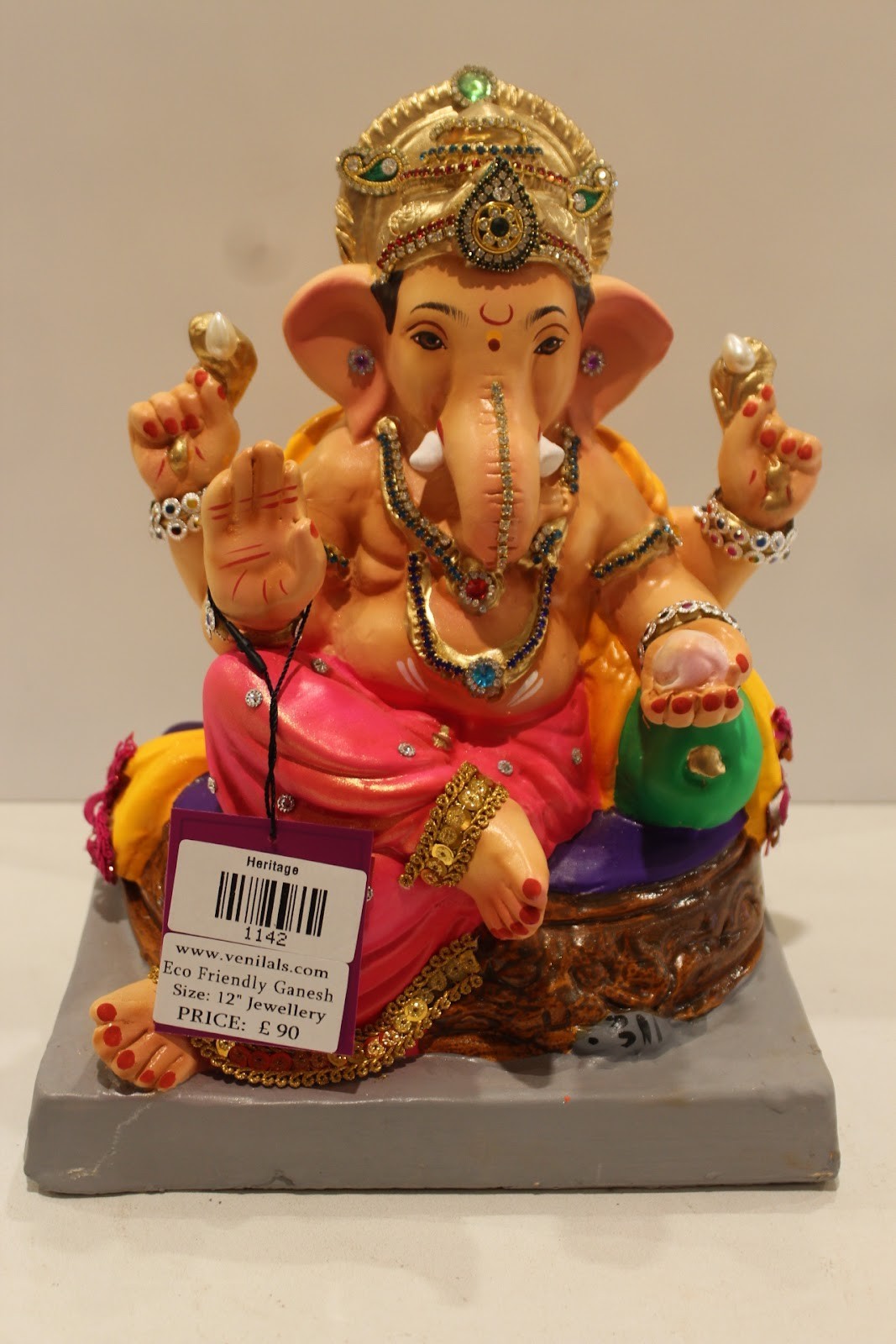 Eco-Friendly Ganesh Idol – Jewellery Style, Pink Dhoti, Basket Throne, ~12 inch