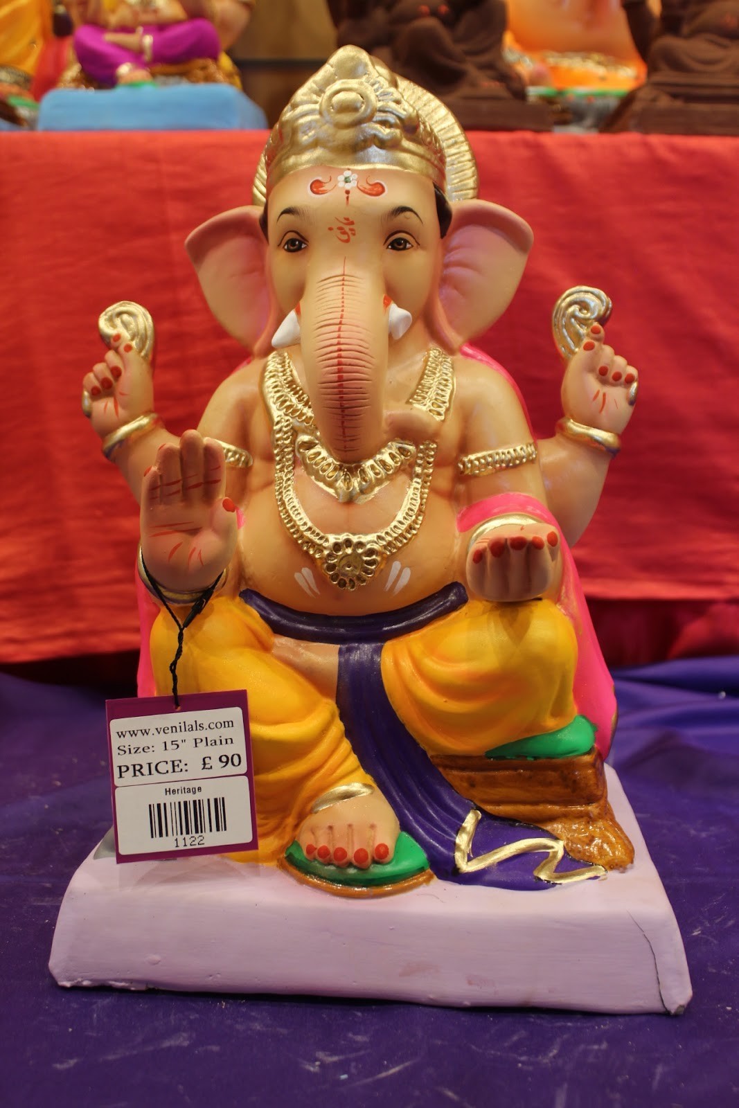 Eco-Friendly Ganesh Idol – Pink & Gold, Purple Sash, ~15 inch, Clay