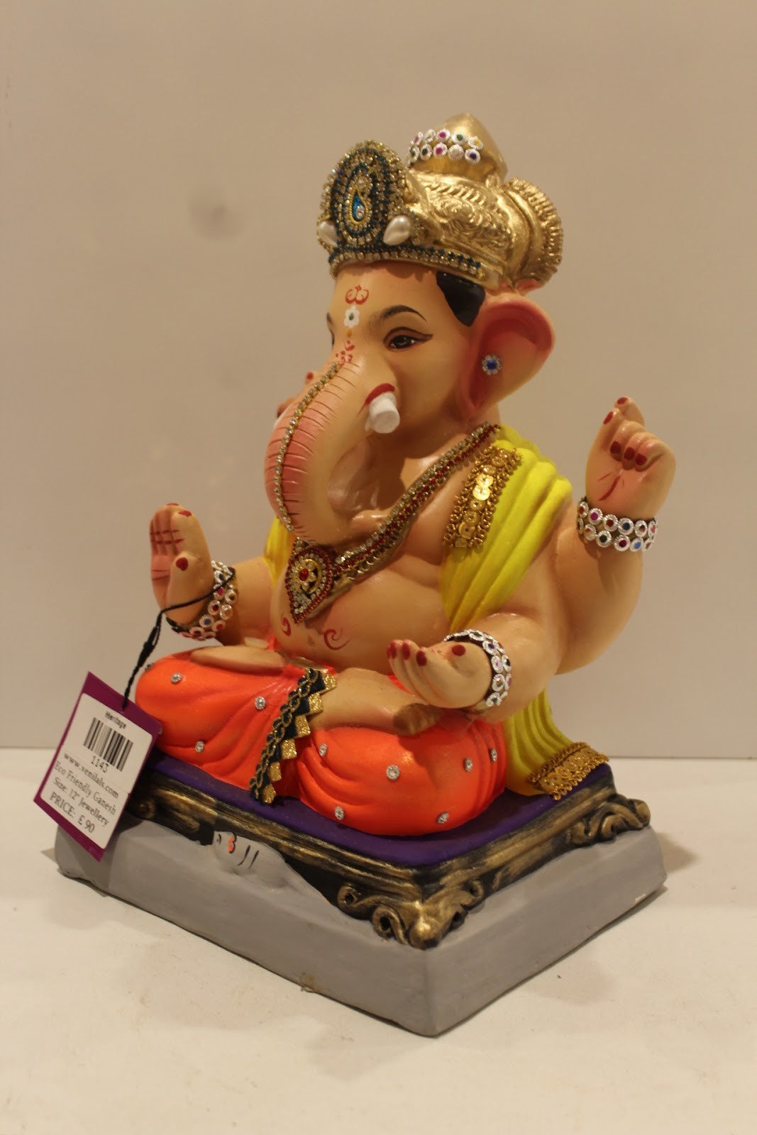 Eco-Friendly Ganesh Idol – Jewellery Style, Yellow Khes & Orange Dhoti, ~12 inch