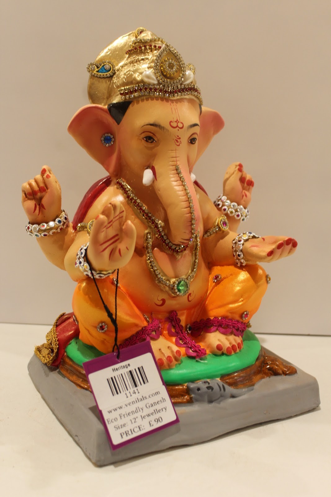 Eco-Friendly Ganesh Idol – Jewellery Style, Blue Gem Crown, ~12 inch, Clay