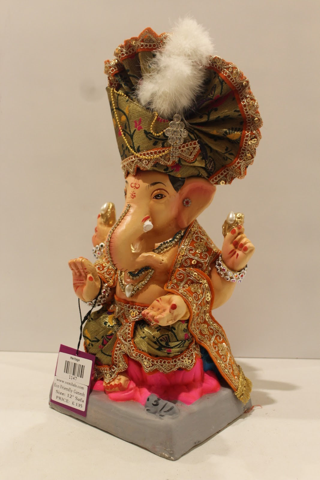 Eco-Friendly Ganesh Idol – Full Safa Set, Green Brocade & Pink, ~12 inch, Clay