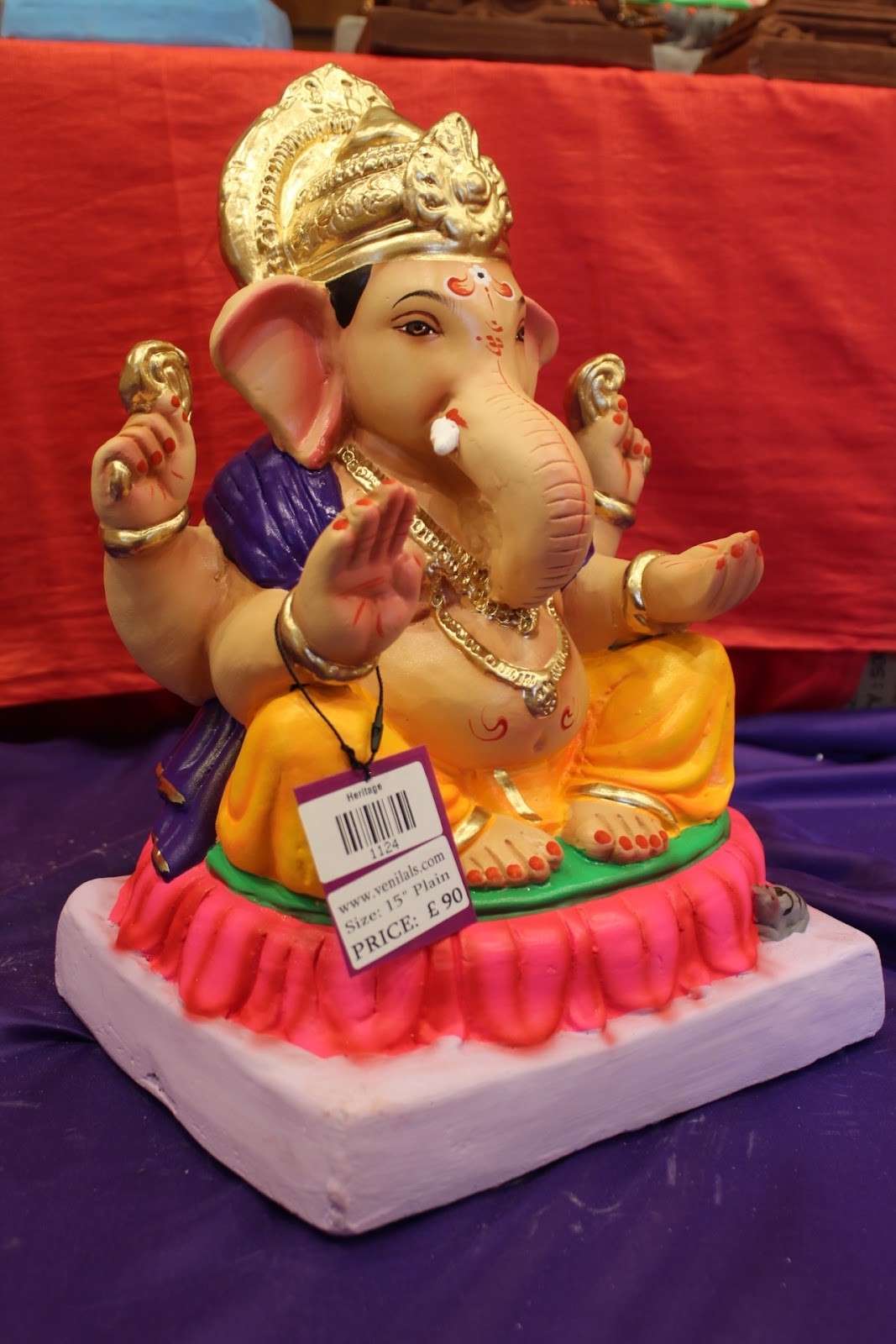 Eco-Friendly Ganesh Idol – Purple & Gold, Lotus Base, ~15 inch, Clay