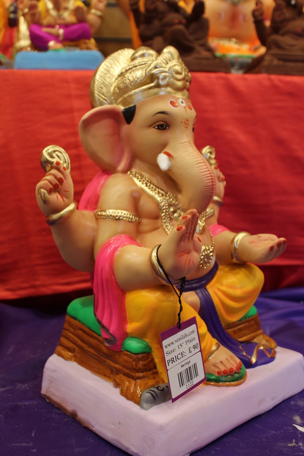 Eco-Friendly Ganesh Idol – Pink & Gold, Purple Sash, ~15 inch, Clay