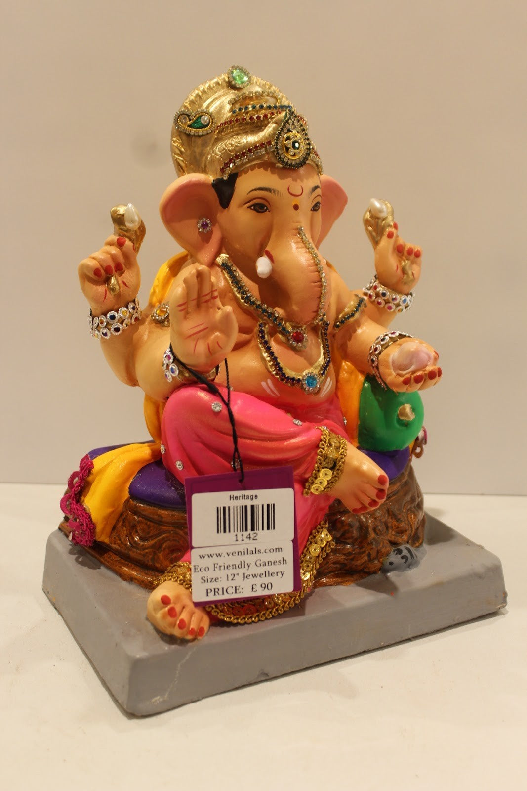 Eco-Friendly Ganesh Idol – Jewellery Style, Pink Dhoti, Basket Throne, ~12 inch