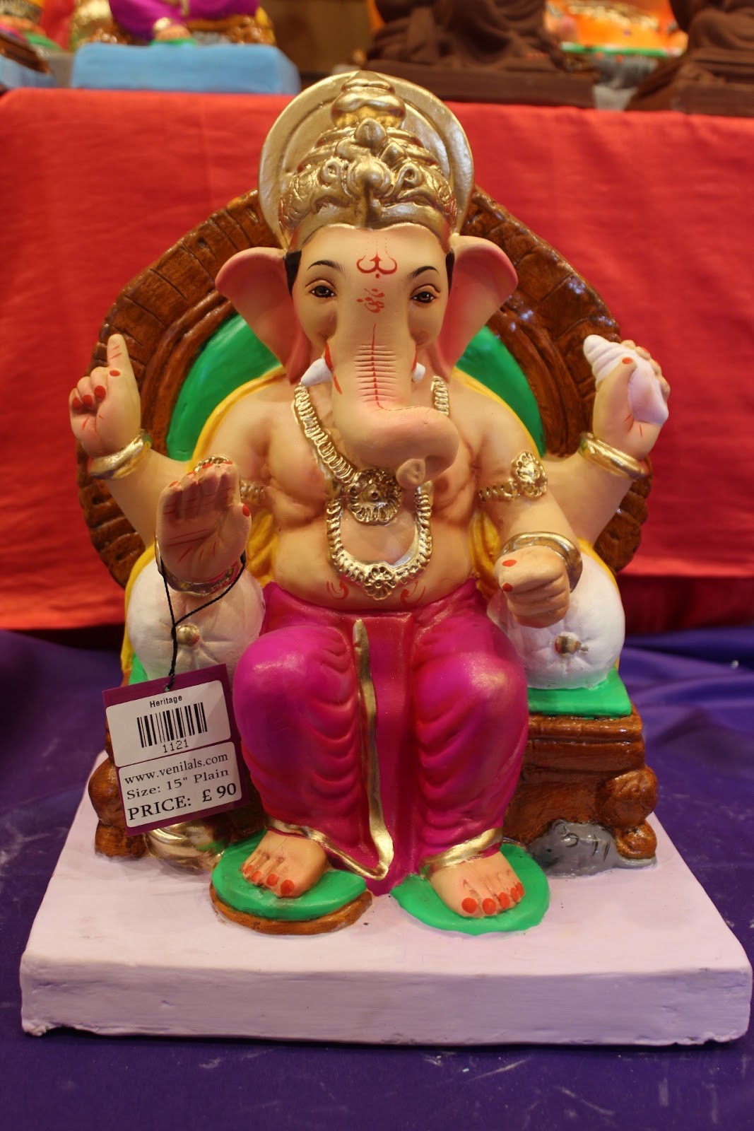Eco-Friendly Ganesh Idol – Gold & Magenta, Wooden Throne, ~15 inch, Clay