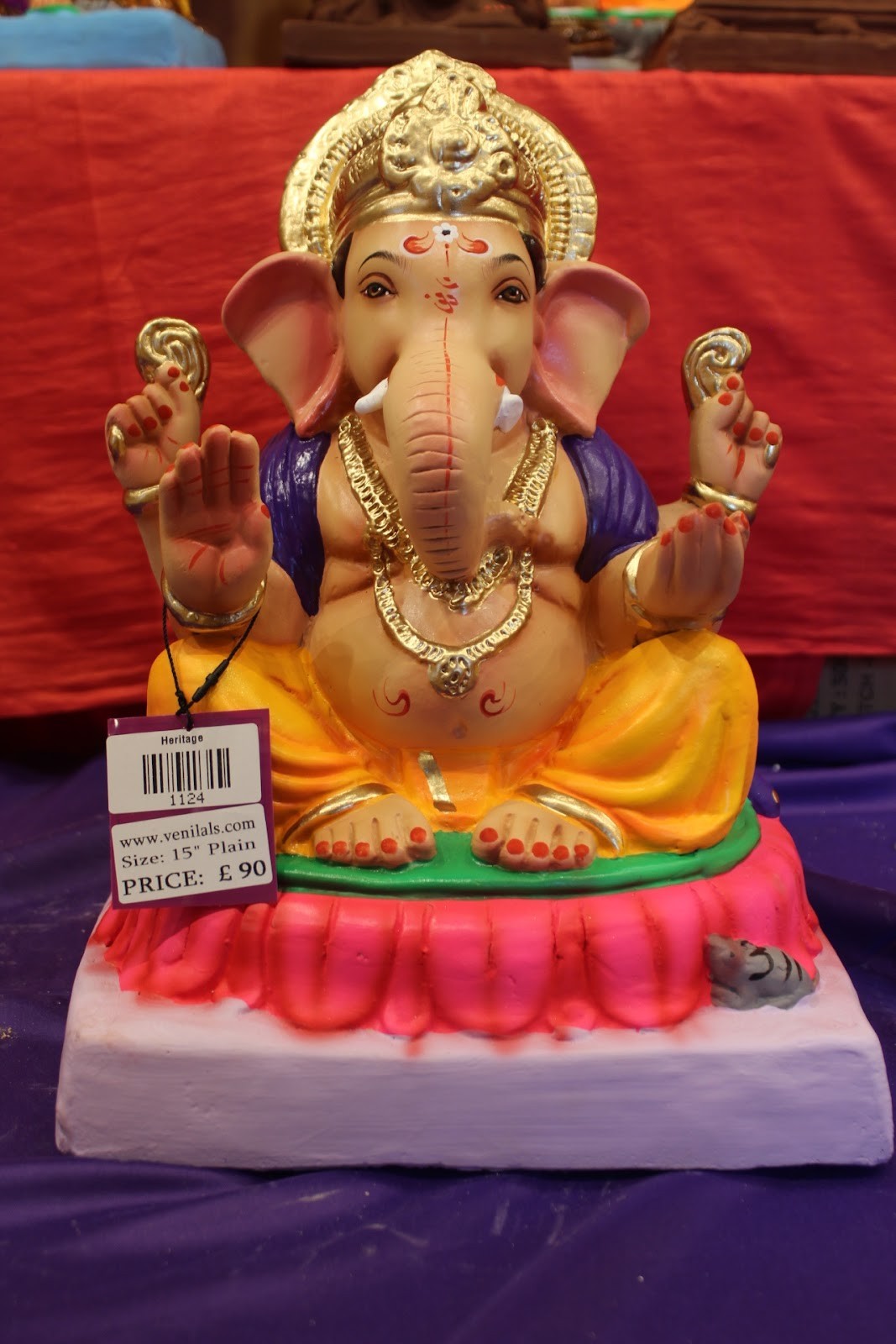 Eco-Friendly Ganesh Idol – Purple & Gold, Lotus Base, ~15 inch, Clay