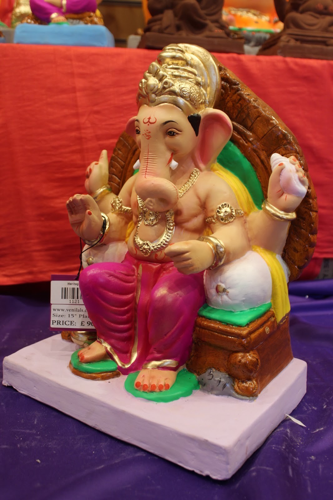 Eco-Friendly Ganesh Idol – Gold & Magenta, Wooden Throne, ~15 inch, Clay