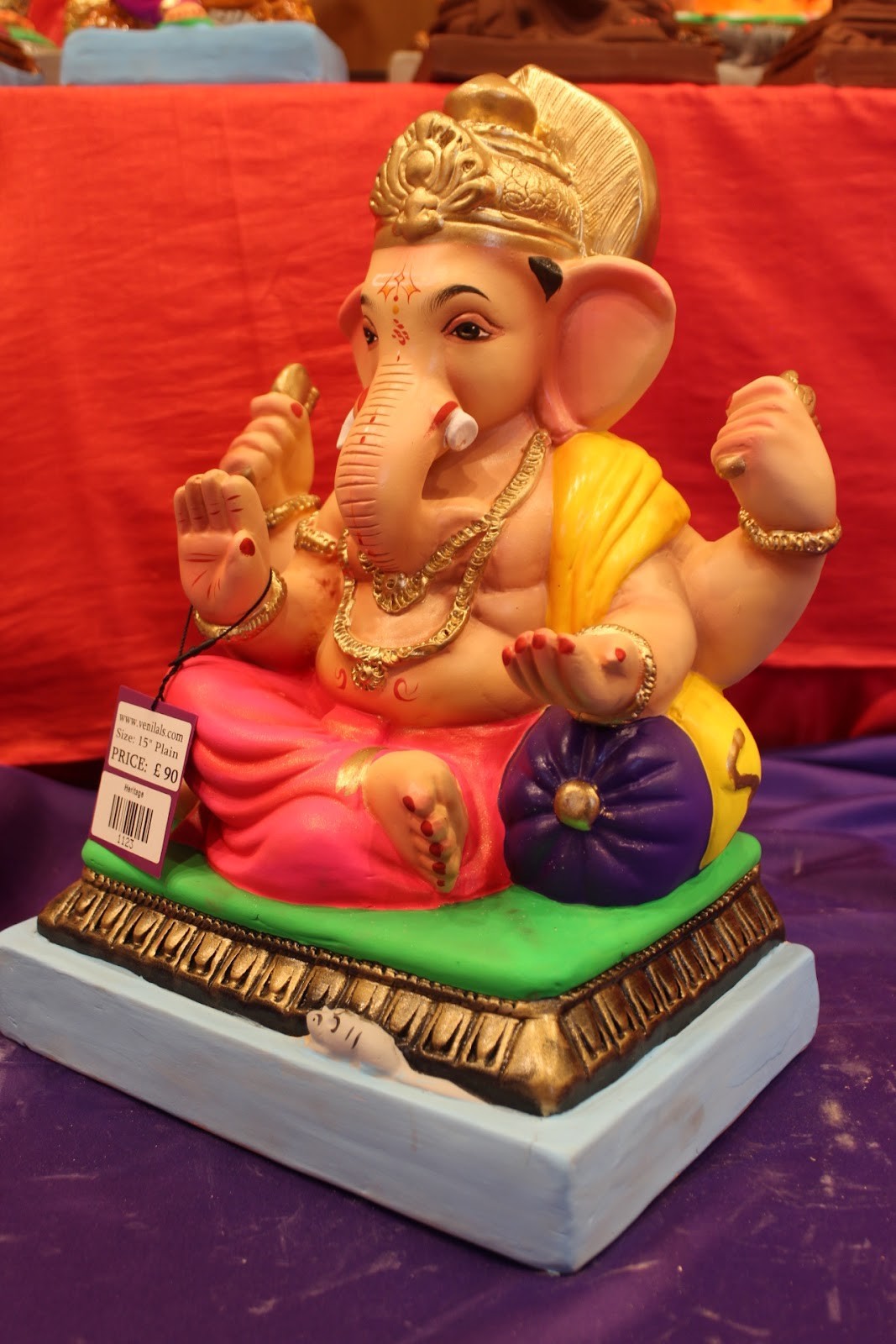 Eco-Friendly Ganesh Idol – Yellow Khes & Pink Dhoti, ~15 inch, Clay