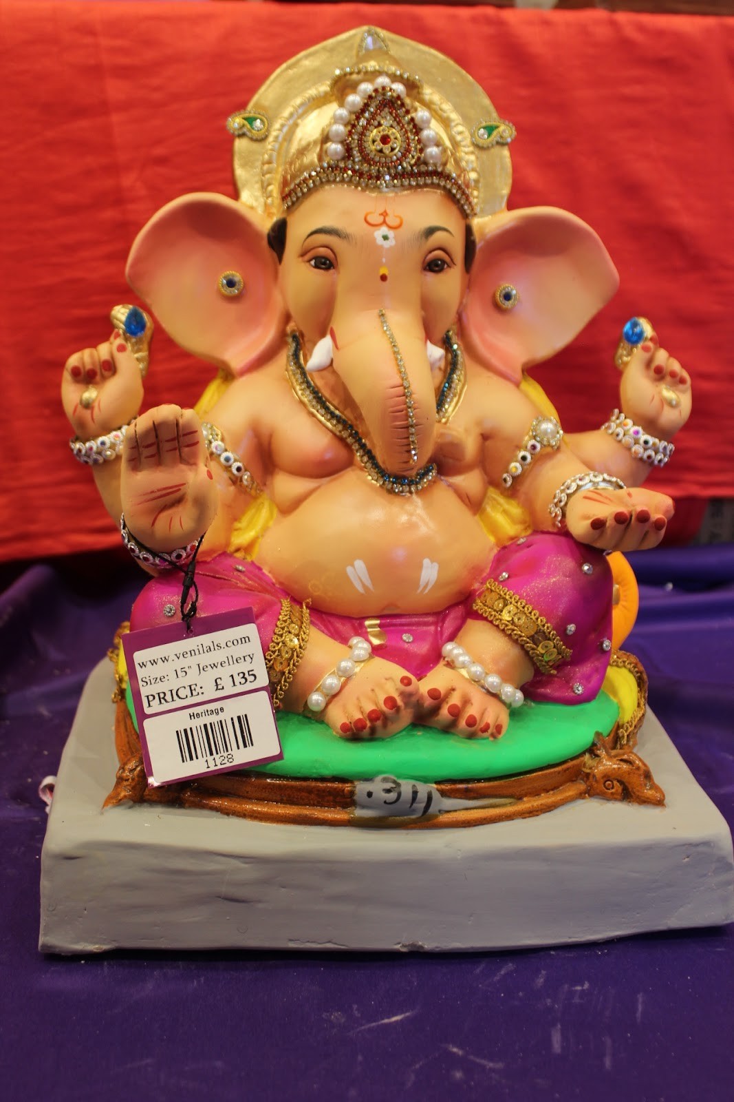 Eco-Friendly Ganesh Idol – Jewellery Style, Magenta & Gold, ~15 inch, Clay