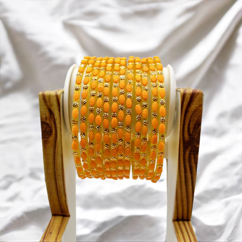 Dot pattern glass bangles set of 12 - Maize Yellow