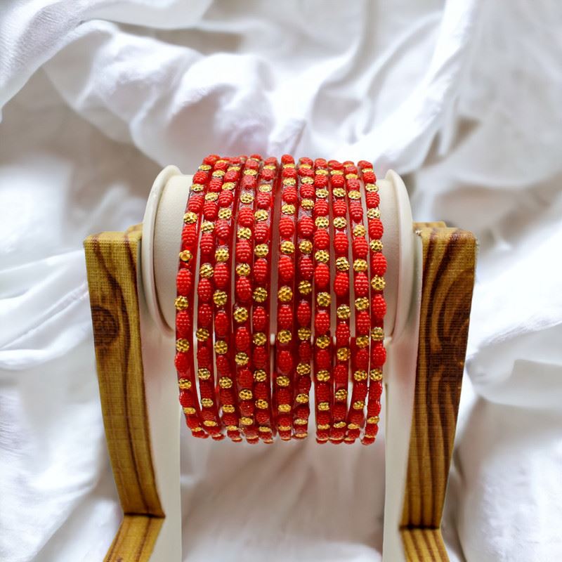 Dot pattern glass bangles set of 12 - Signal Red