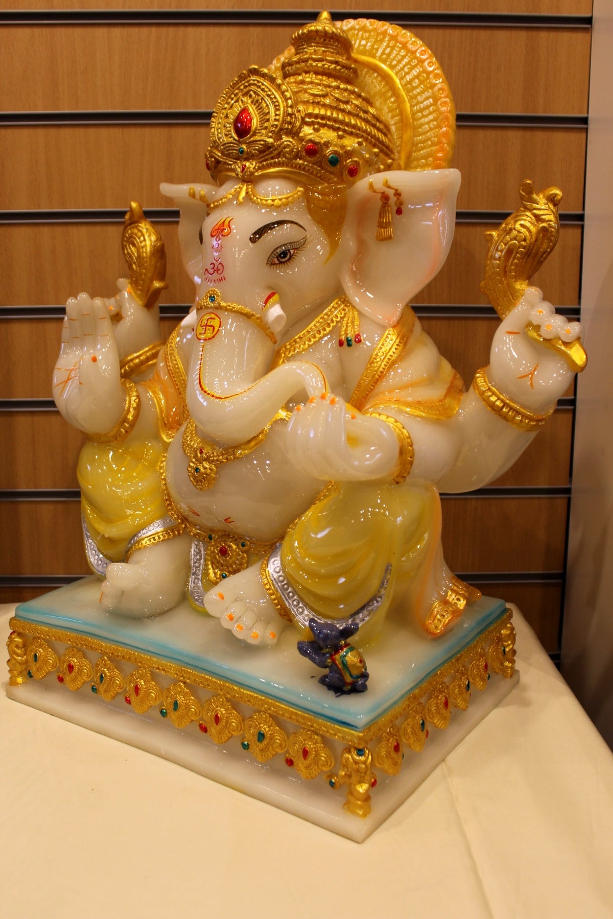 Resin/Fibre Ganesh Statue for Home Temple – Gold Crown Halo, 24 inch