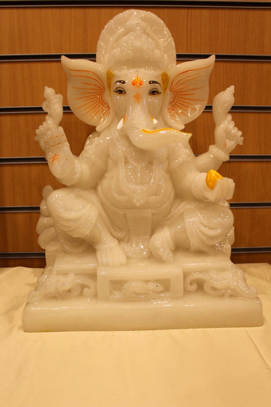 Resin/Fibre Ganesh Statue for Home Temple – Plain Alabaster Finish, 20 inch