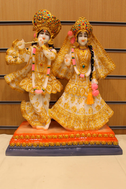 Resin/Fibre Radha Krishna Statue for Home Temple – White & Gold Shringar, 18 inch