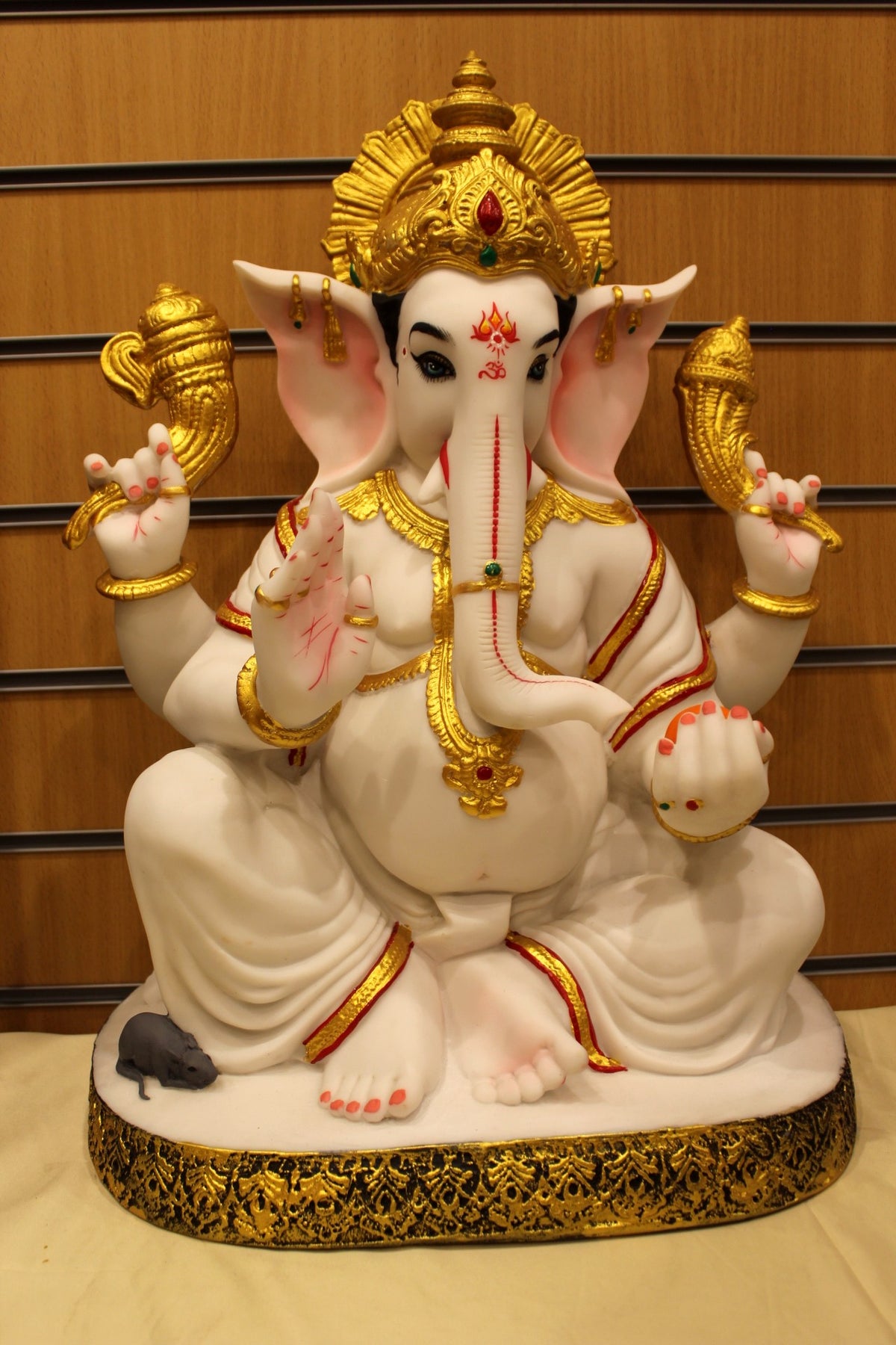 Resin/Fibre Ganesh Statue for Home Temple – Gold Halo on Carved Oval Base, 24 inch