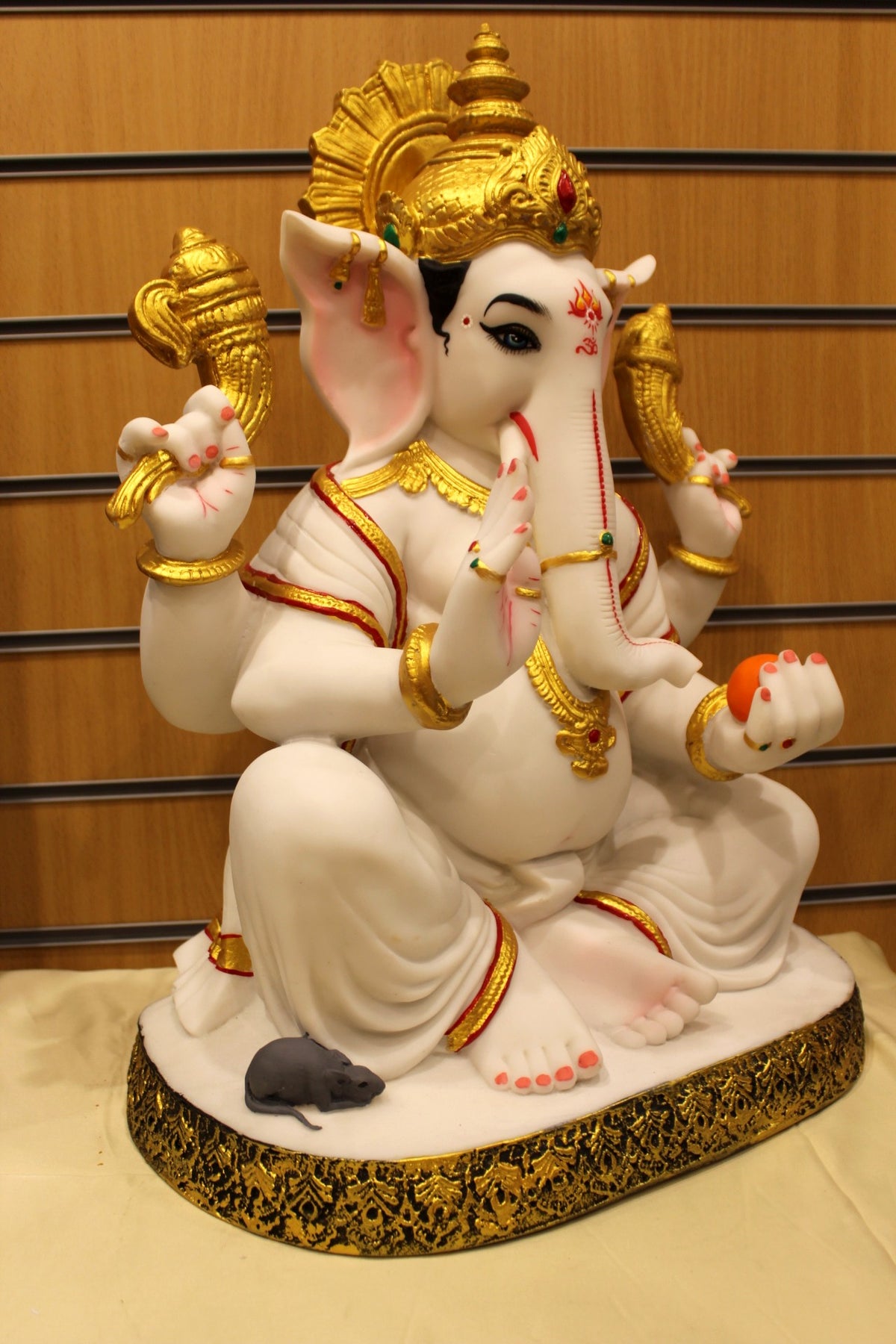 Resin/Fibre Ganesh Statue for Home Temple – Gold Halo on Carved Oval Base, 24 inch