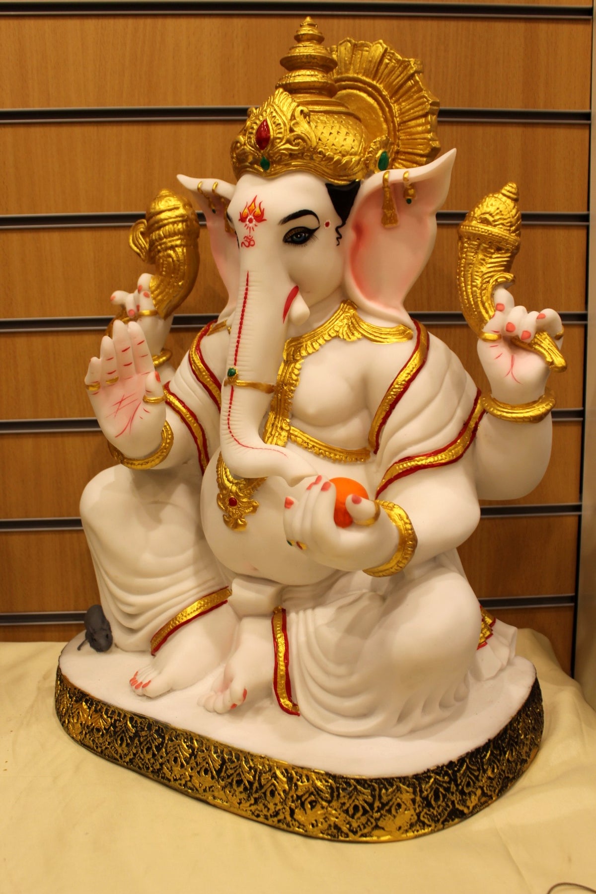 Resin/Fibre Ganesh Statue for Home Temple – Gold Halo on Carved Oval Base, 24 inch