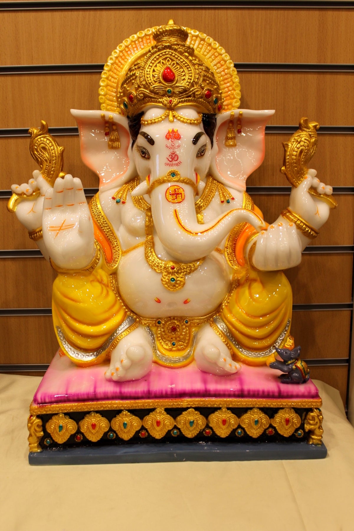 Resin/Fibre Ganesh Statue for Home Temple – Gold Halo on Cushion Chowki, 24 inch